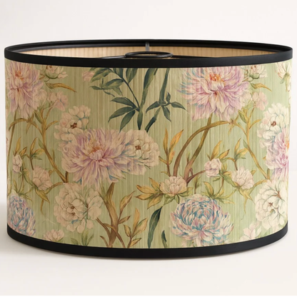 Abat-jour en bambou tressé vert style japonais motif fleur rose