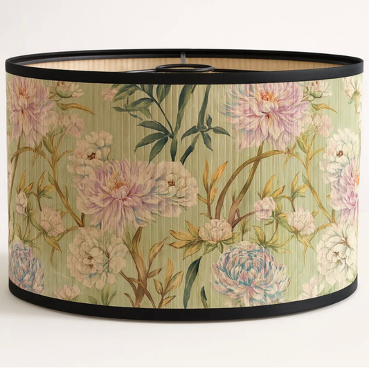 Abat-jour en bambou tressé vert style japonais motif fleur rose