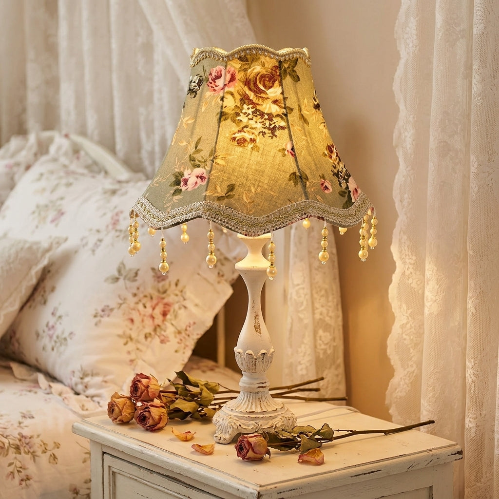 Abat-jour en tissu perles franges vert LANA