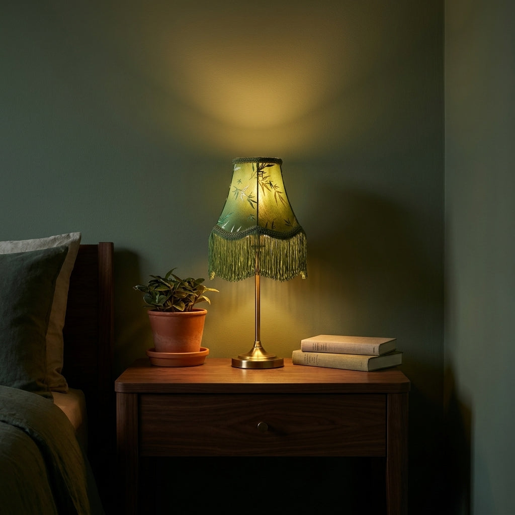Abat-jour pour lampe de table vert en satin motif bambou