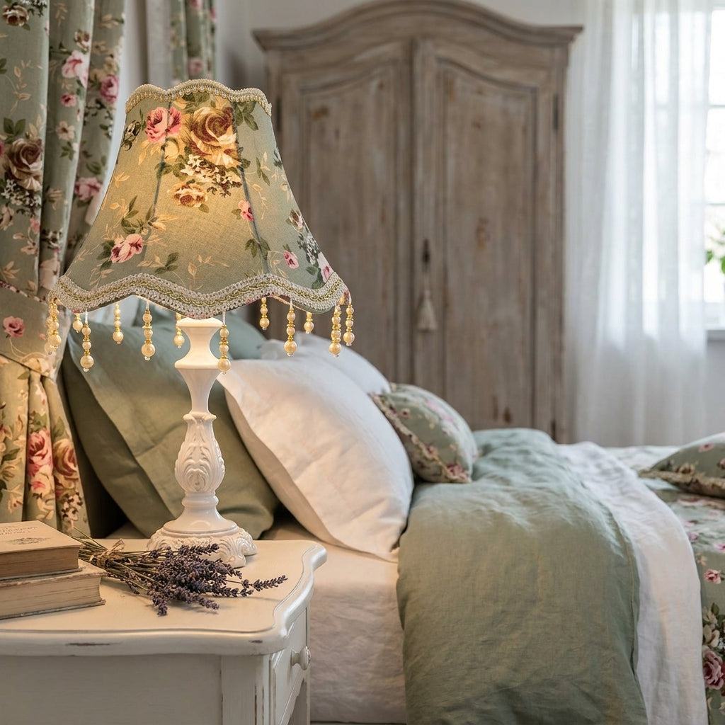 Abat-jour en tissu perles franges vert LANA