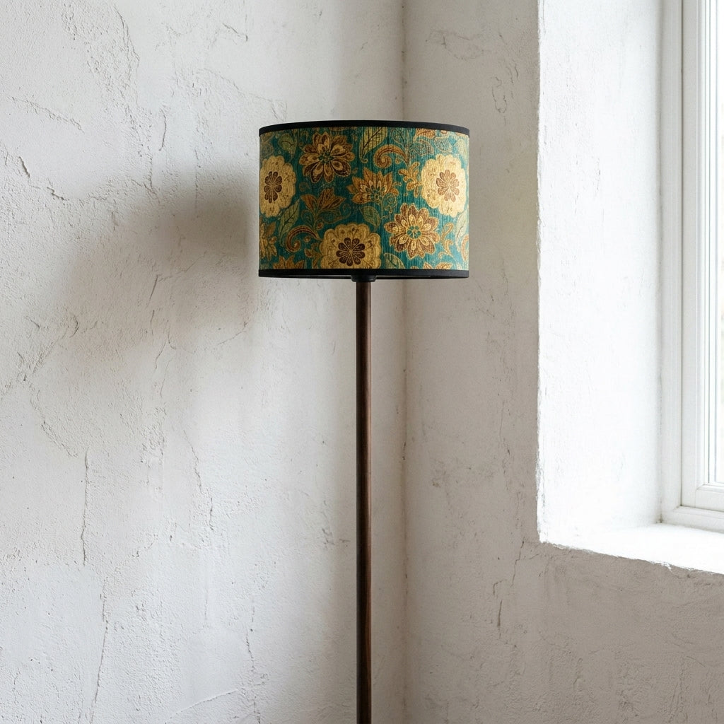 Abat-jour en bambou tressé style japonais bleu motif fleur