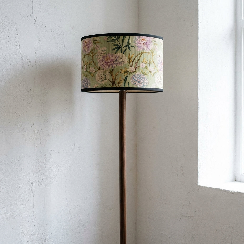 Abat-jour en bambou tressé vert style japonais motif fleur rose