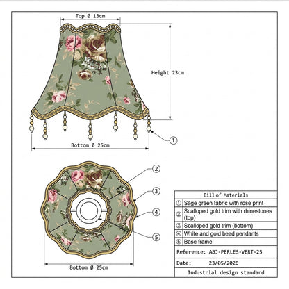 Abat-jour en tissu perles franges vert LANA