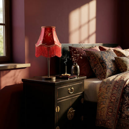 Abat-jour pour lampe de table en satin rouge motif bambou