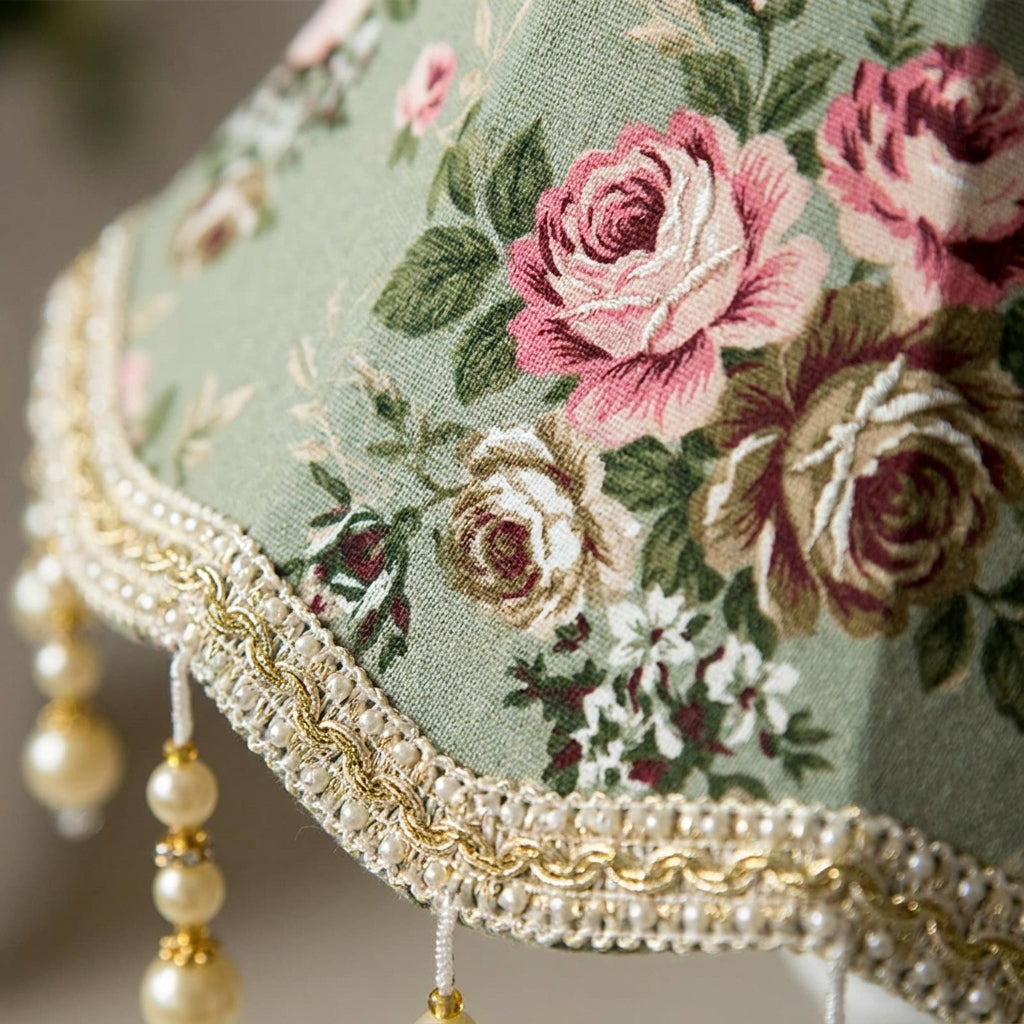 Abat-jour en tissu perles franges vert LANA